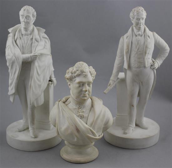 Two Minton biscuit bone china portrait figures and a similar bust, c.1832-40, 18.8cm